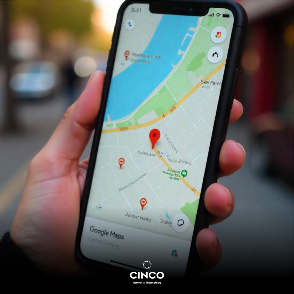 Mão segurando o celular com o Google map na tela