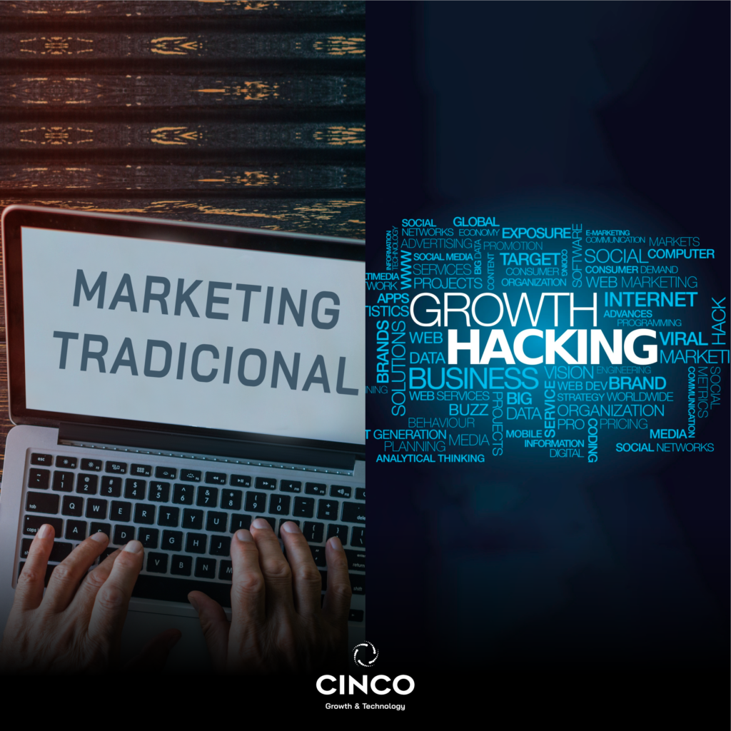 Uma tela de leptop dividada. De um lado escrito marketing tradicional; do outro growth hacking