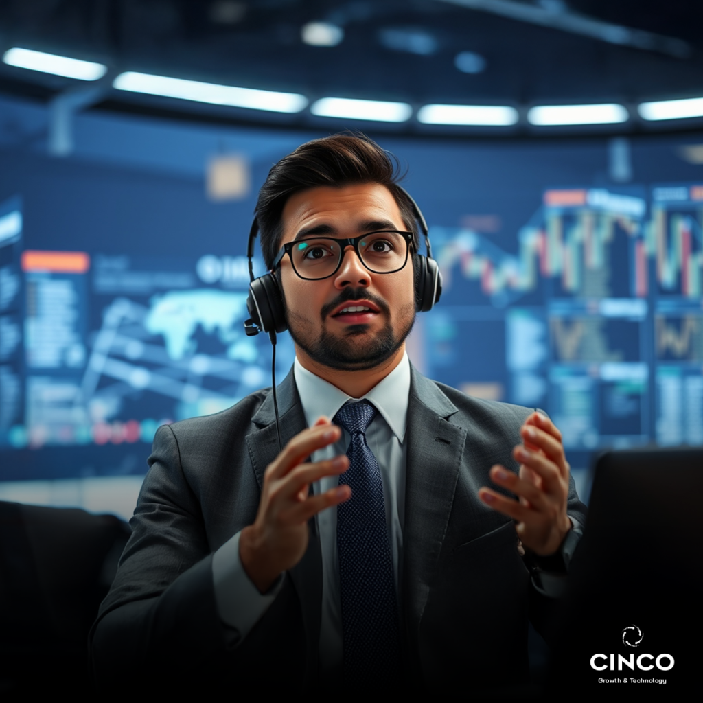 Homem de terno e gravata, barba e de óculos, usando headset.