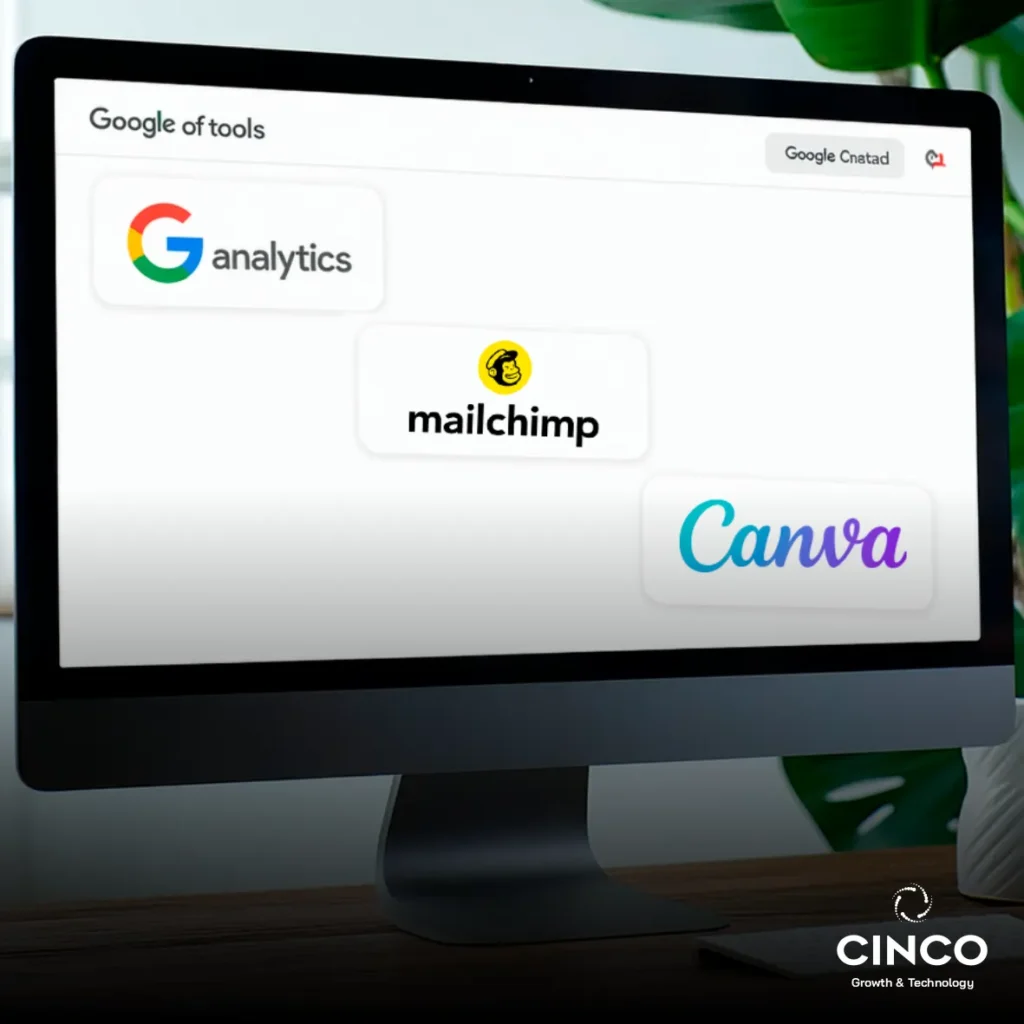 Tela de computador com as palavras "Google Analytics", "mailchimp", "Canva"