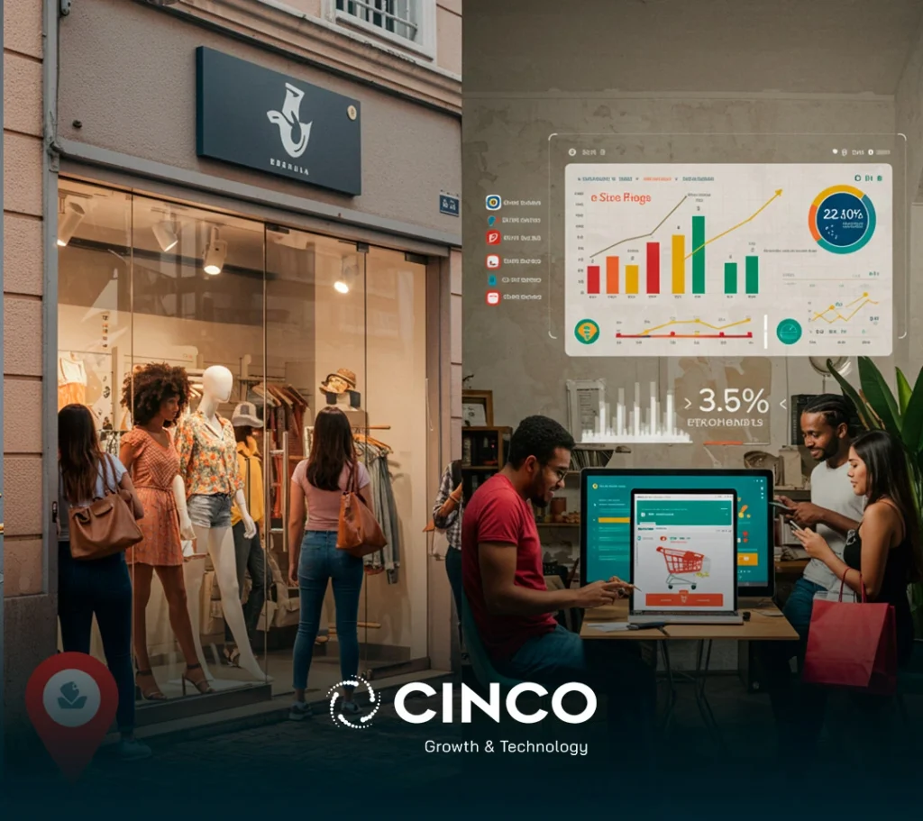 Fachada de um estabelecimento comercial de um lado; do outro, caputador e um gráfico com pessoas olhando o celular.