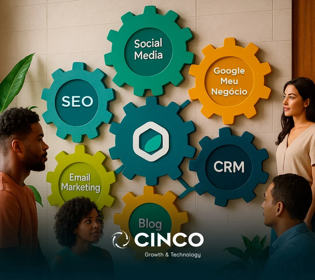 Estrutura de uma engrenagem com termo, como social media, Google Meu Negócio, CRM, Blog, e-mail marketing e SEO.