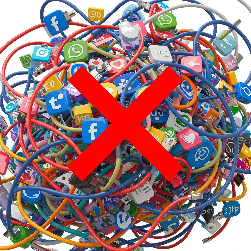 Um emarenhado de fios presos a logos de diferentes redes sociais e a ícones