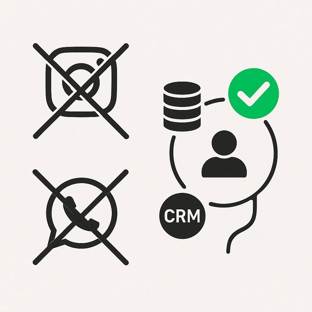 Logos do Instagram e Whatsapp riscados e símbolos de crm, moedas e check