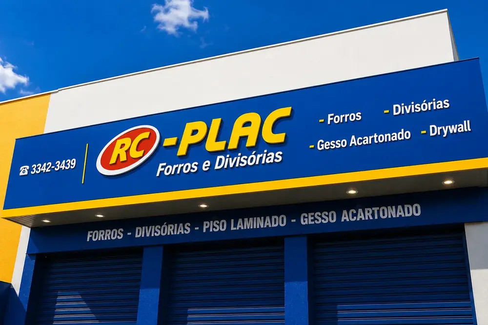 Fachada azul e amarela da RC Plac Forros e Divisórias