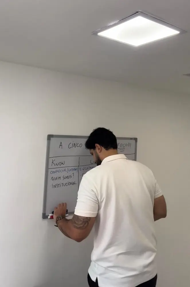 Estrategista da Cinco Growth conduzindo um planejamento em frente ao quadro