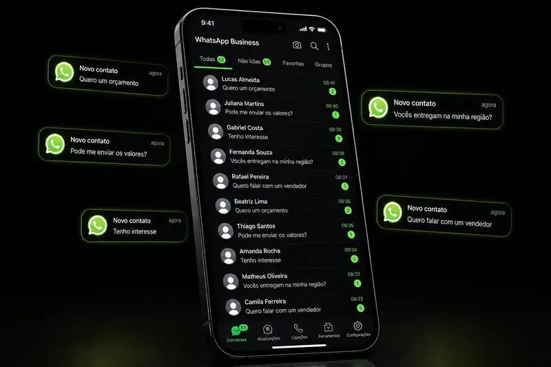 Celular com caixa de entrada do WhatsApp Business cheia de conversas de clientes interessados