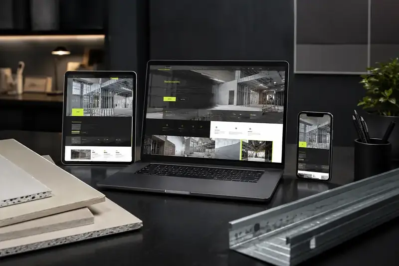 Site responsivo para empresa de construção exibido em computador, tablet e celular