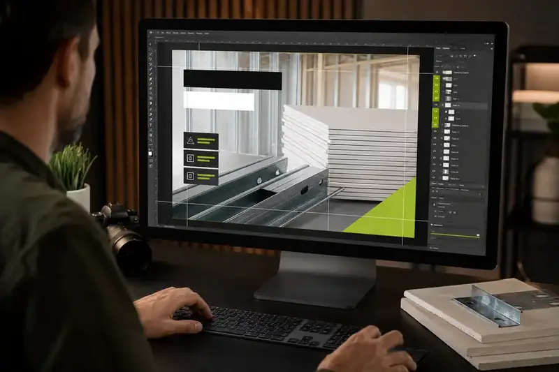 Designer produzindo criativos para materiais de drywall e steel frame