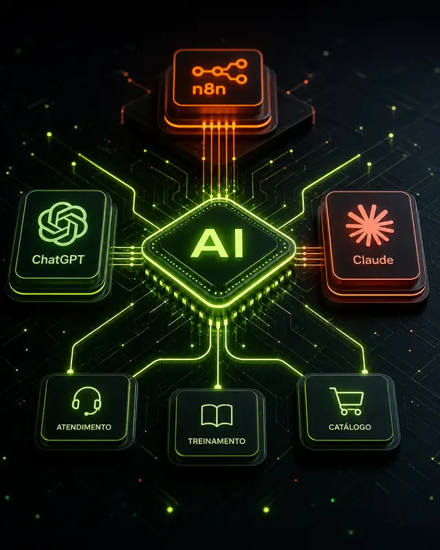 Ecossistema de inteligência artificial conectando n8n, ChatGPT e Claude a atendimento, treinamento e catálogo de produtos