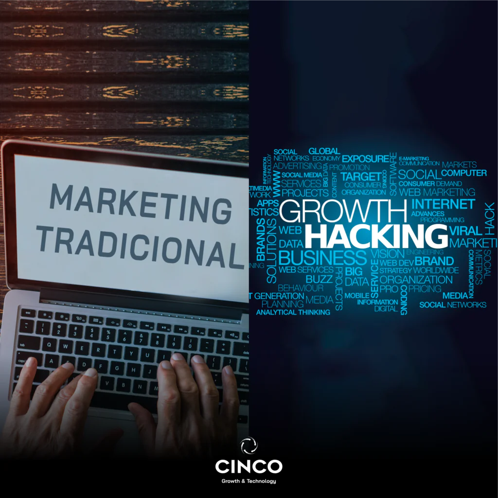 Uma tela de leptop dividada. De um lado escrito marketing tradicional; do outro growth hacking