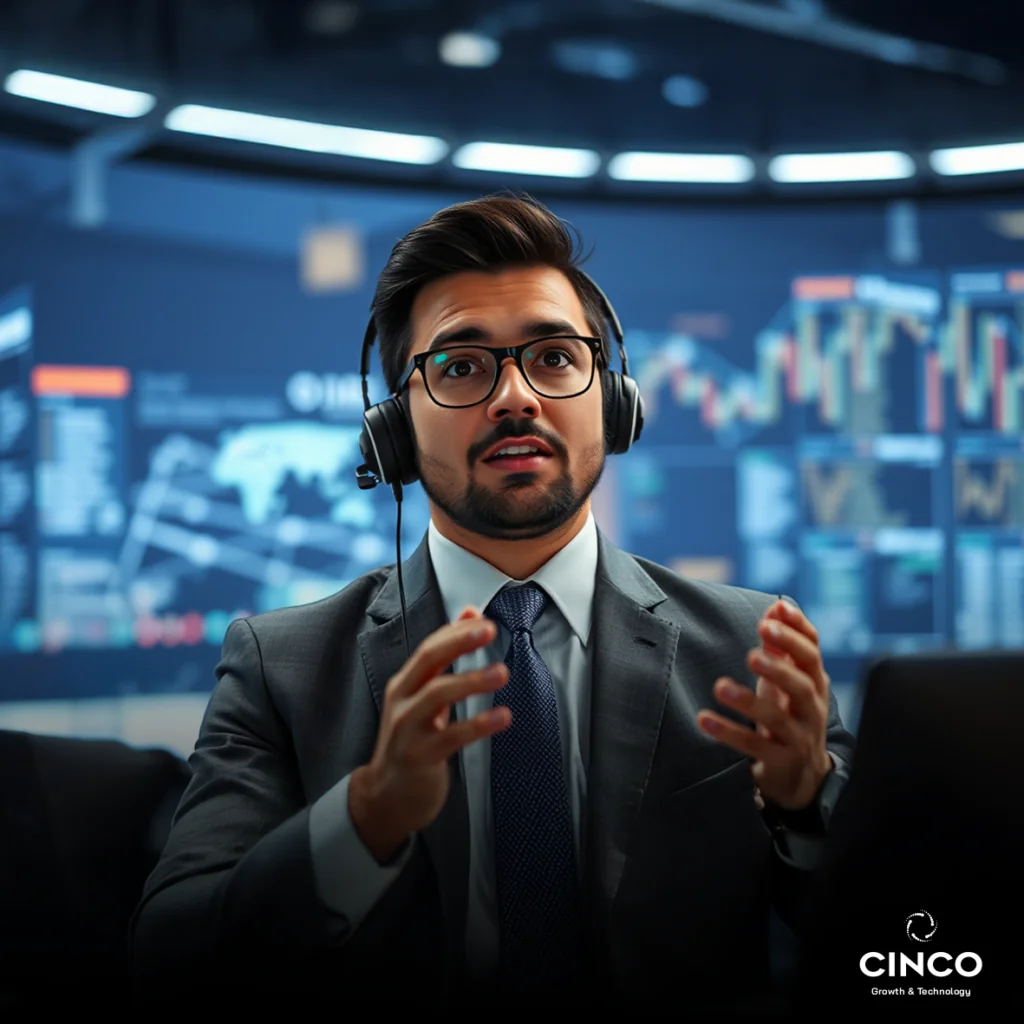 Um homem, usando terno e gravata, barba e de óculos, com um headset.