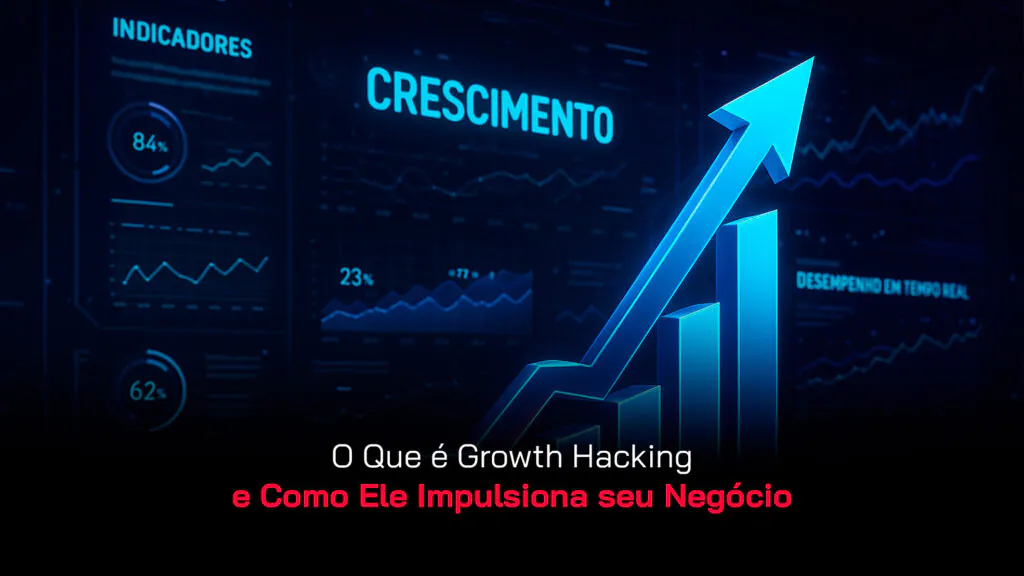 Em primeiro plano, um gráfico de crescimento com uma seta pra cima. No fundo, um dashboard mostrando dados.
