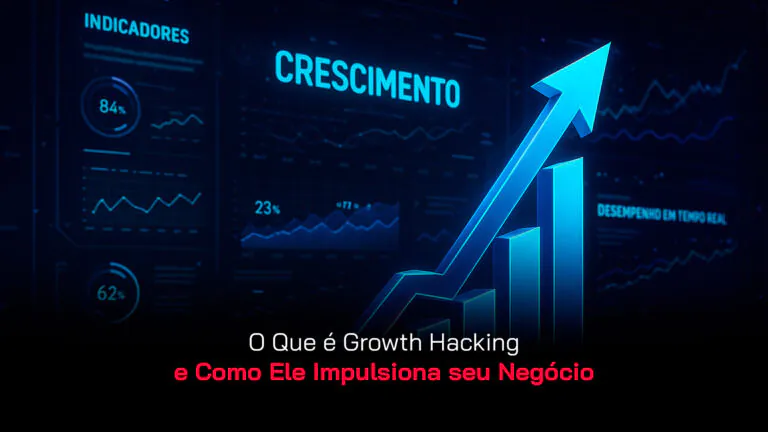 Em primeiro plano, um gráfico de crescimento com uma seta pra cima. No fundo, um dashboard mostrando dados.